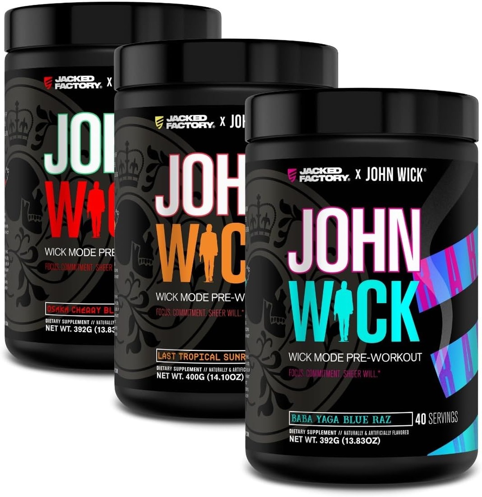 Jacked Factory X John Wick - Wick Mode Pre Workout Powder - Intense Energy, Battle-Ready Focus, Unstoppable Commitment und Sheer Will - 120 Servings (3-Pack)