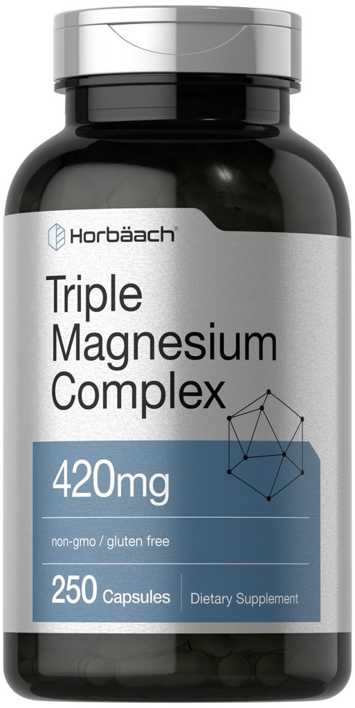 Horbäach Triple Magnesium Complex | 420 mg | 250 Kapseln | Non-GMO und Gluten freie Formel | Magnesiumoxid, Citrat und Aspartate Nahrungsergänzung