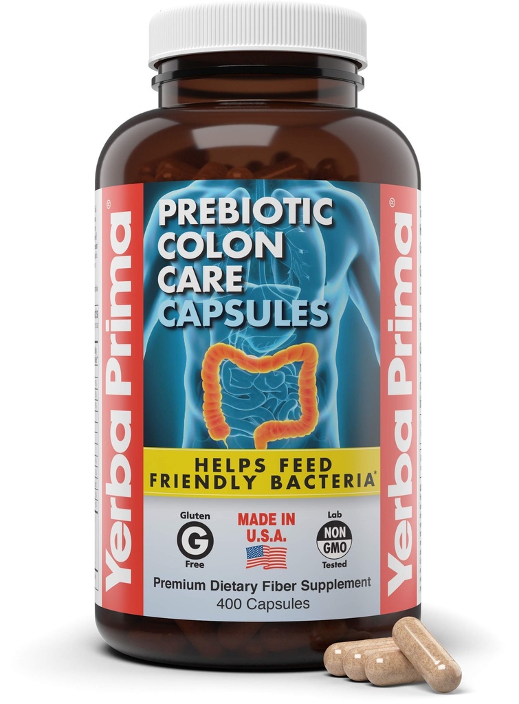 Yerba Prima Prebiotic Colon Care Capsules, 400 Caps - Fünf Formen von Fiber Plus FOS Pre-Biotics - Nahrungsergänzungsmittel - Gesunde lösliche & unlösliche Fasern für Regularität & Verdauungsunterstützung