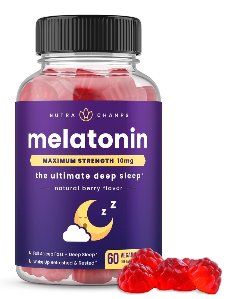 NutraChamps Melatonin Gummis für Erwachsene, Extra Kraft Schlafhilfe Vitamine, 5mg oder 10mg Dose, Vegan Natürliche Erdbeer-Flaschen-Ergänzung für besseren Schlaf, Gesunde Schlafzyklen, 60 Gummie