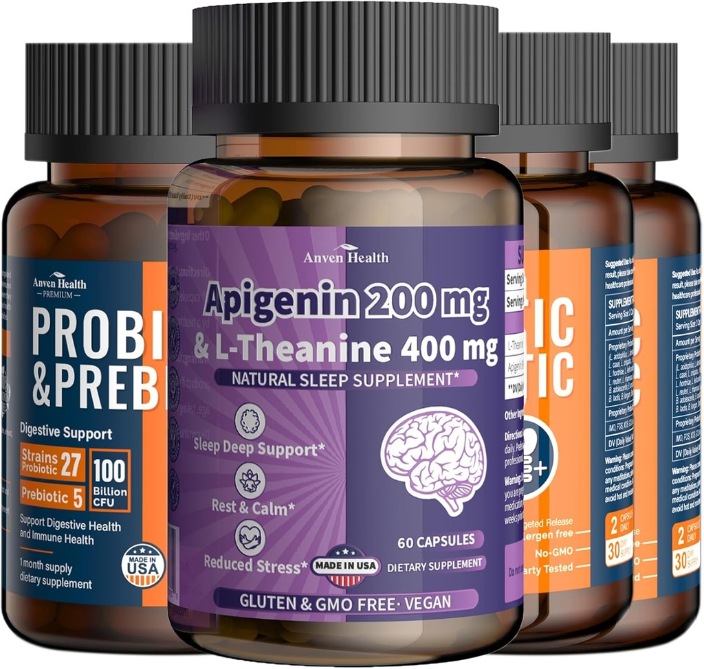 100 Milliarden Probiotika für Gut & Immune Gesundheit, Apigenin 200mg mit L-Theanine 400mg für Entspannung & Stress Support | 27 Strains, Vegan, Non-GMO eingeschränkt180Caps + 60 Veggie Caps