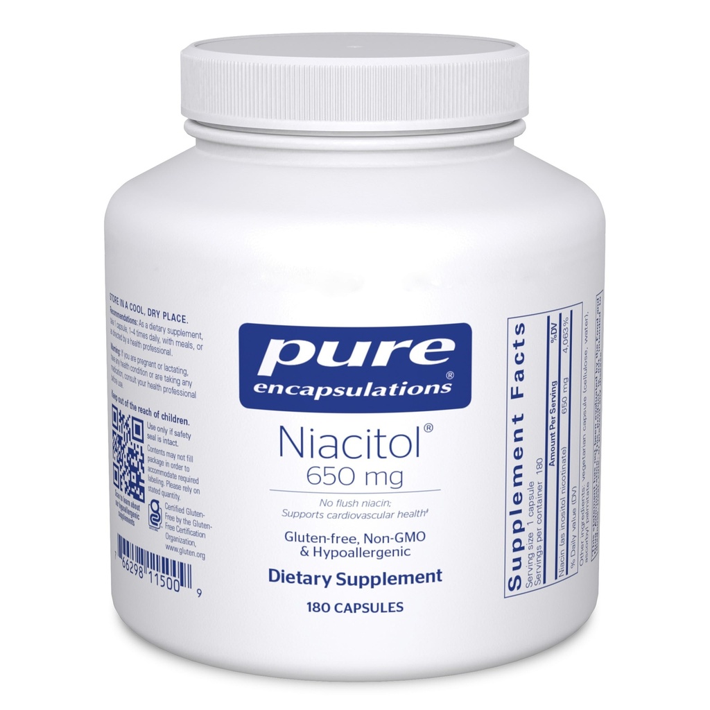 Reine Kapseln Niacitol 650 mg | Hypoallergene No-Flush Niacin zu unterstützen Verdauung, Hormonsynthese und Gewebebildung | 180 Kapseln