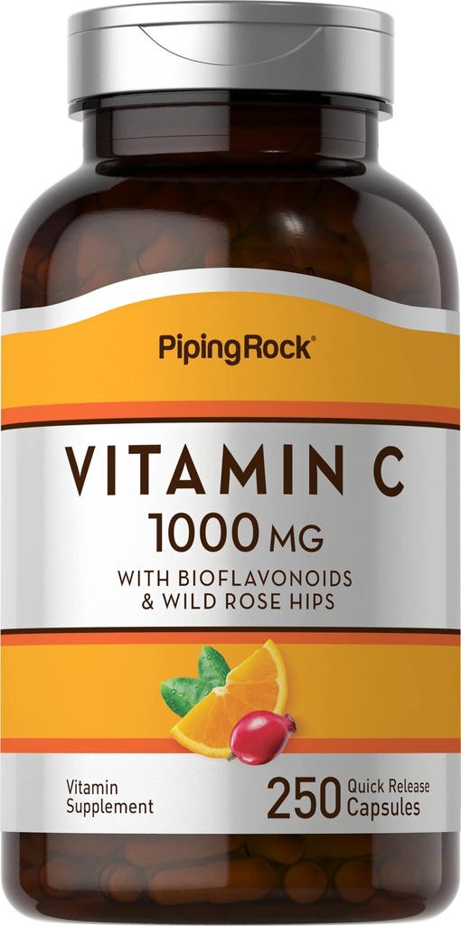 Piping Rock Vitamin C 1000mg | 250 Kapseln | mit Bioflavonoiden und Hagebutten | Ergänzung für Frauen und Männer | Nicht-GVO, glutenfrei
