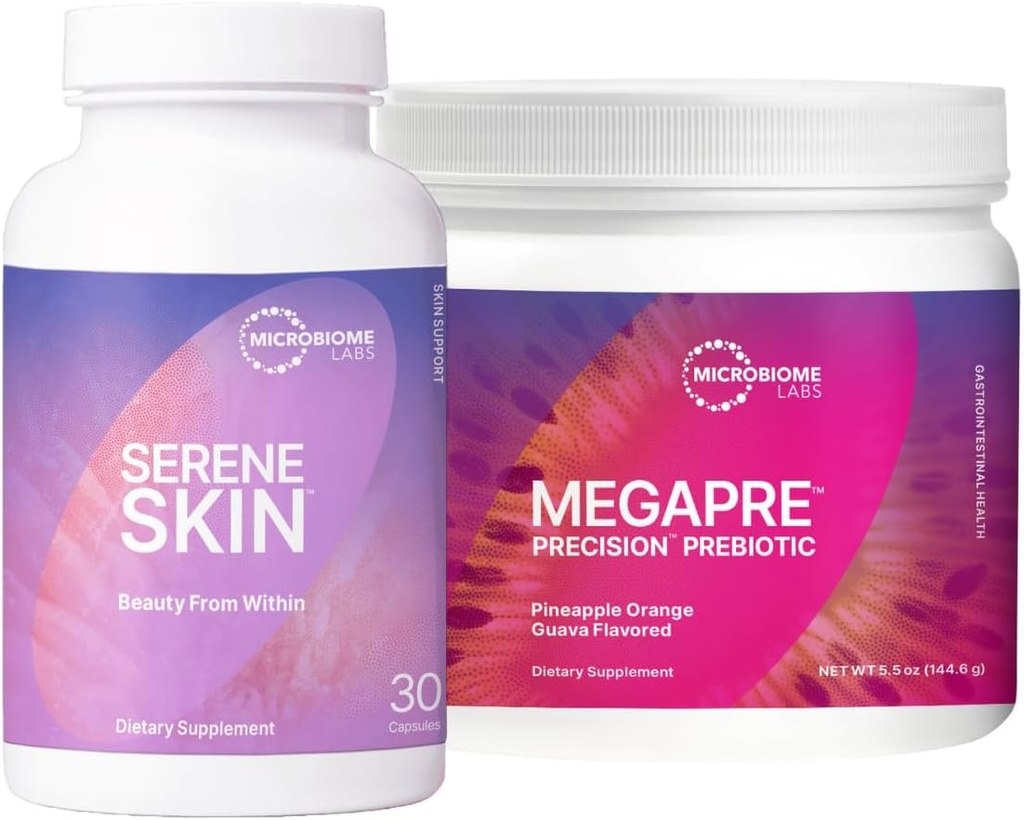 Microbiome Labs Skin Support Bundle - SereneSkin Clear Skin Probiotic Supplement Gezeigt, um Fine Lines zu reduzieren (30 Kapseln) - MegaPre Prebiotic Powder for Gut Health (2.1oz)