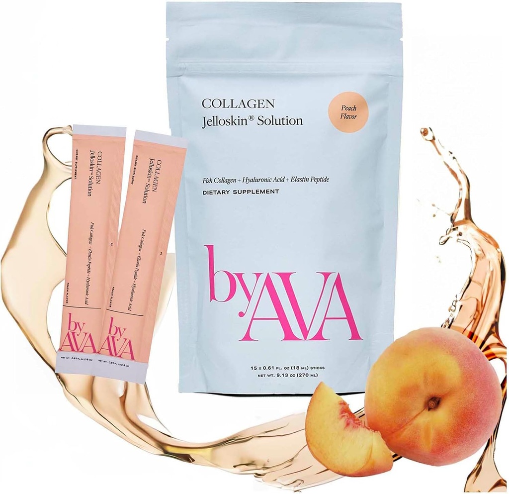 byAVA Liquid Collagen Jelloskin Solution | Marine Collagen Peptide + Hyaluronsäure + Elastin Peptide Triple Supplements - Haarhaut und Nägel | Hydrolysierte Fischkollagen für Frauen |15 Packungen Peach