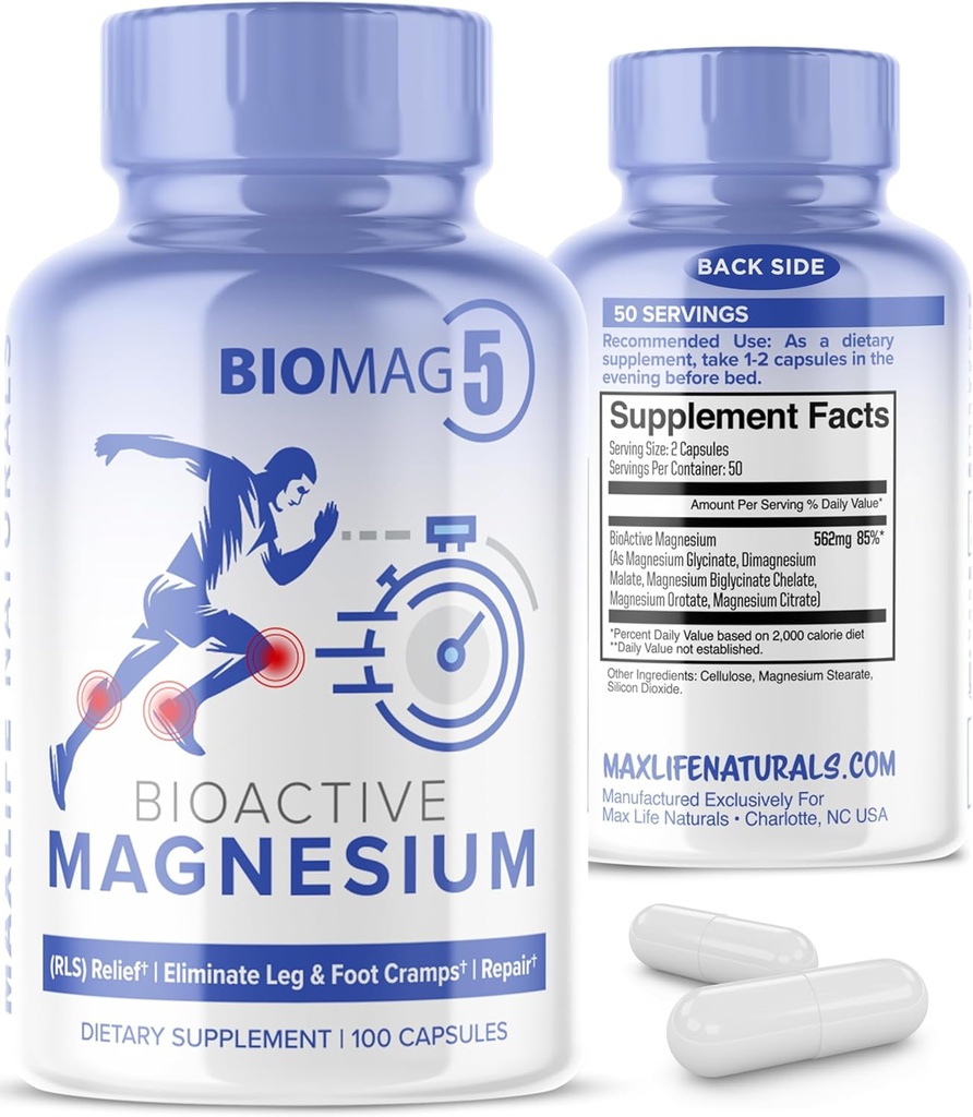 BioMag 5 Magnesium Complex Supplement für Frauen und Männer, 100 Kapseln - Formuliert in den USA - BioActive und BioAvailable Magnesium Glycinate Malate Citrate Orotate und Biglycinat Chelate Supplements