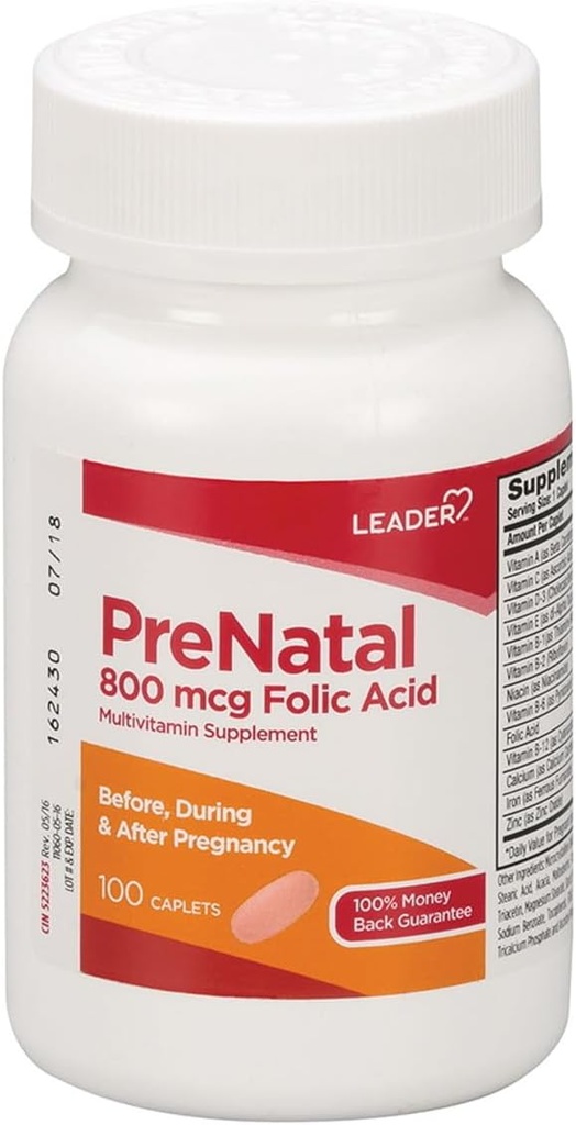 Leader Prenatal Multivitamin mit 800mcg Folsäure & essentielle Nährstoffe für gesunde Schwangerschaft & Fetale Entwicklung, hohe Potenz Vitamin für die Erwartung von Müttern, tägliche Unterstützung, 100 Caplets (2-Pack)