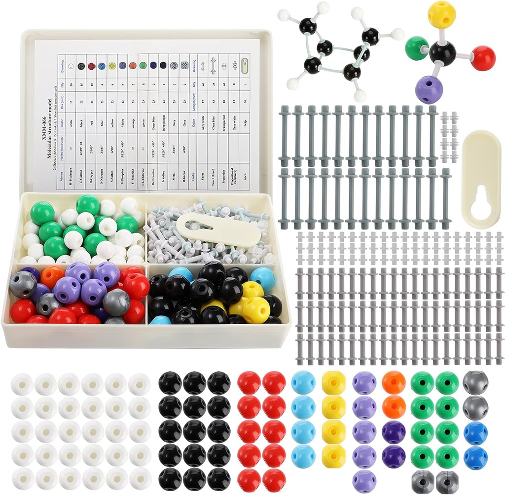 YOPAY 240 Stück Molecular Model Kit, Organische und anorganische Chemie Molekularstruktur Modell, 86 Atome und 153 Links und 1 Short Link Remover Tool
