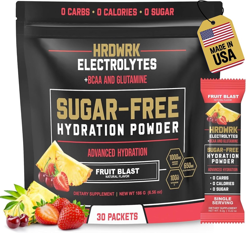 HRDWRK Elektrolyte Pulver-Packets mit Magnesium, Kalium-Natrium, Keto-Hydnung - BCAA Elektrolyt-Pulver-Packets mit Glutamin, 30 Elektrolyte Pulver-Packets Zuckerfrei (Fruit Blast)