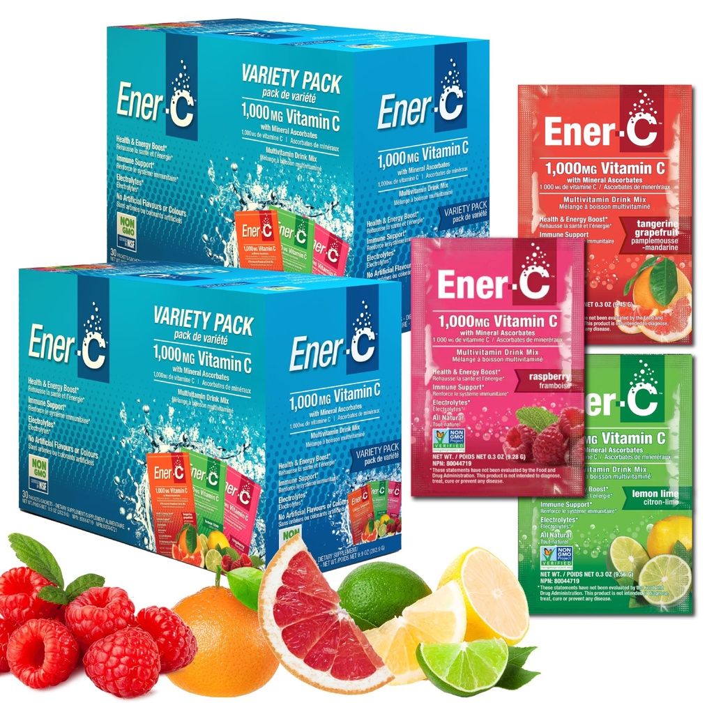 Ener-C Multivitamin Drink Mix - Vitamin-Packets für Wasser, Elektrolyte Pulver-Packets, Vitamin Drink Mix, Hydration Liquid Mix, Immun Booster für Erwachsene, Gesunde Energie - Vielfalt Pack, 60 Zähler