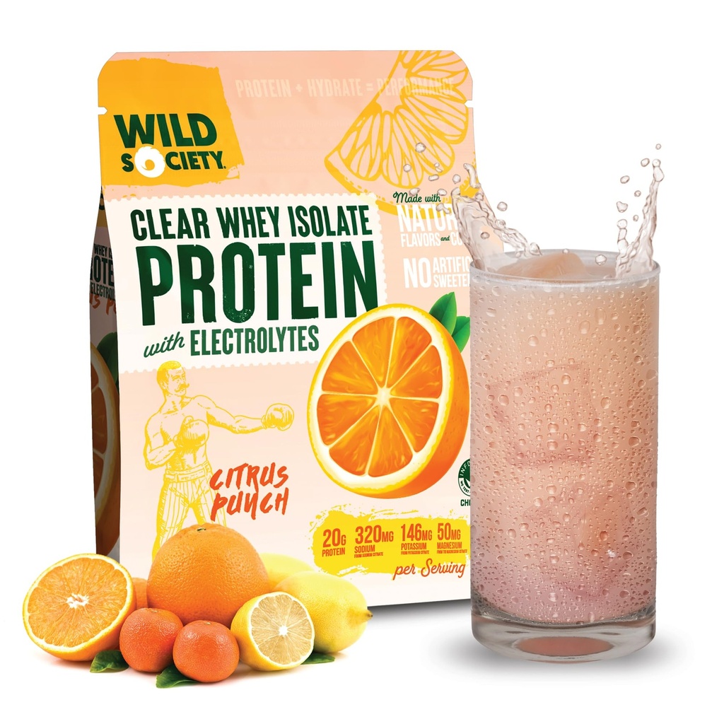 WILD SOCIETY - Klares Whey Protein + Elektrolyte - Refreshing Whey Protein Isolate Powder - 20g Protein, 0 Hinzugefügt Zucker, GMO-frei, natürliche Aromen & Farben - Citrus Punch, 16 oz