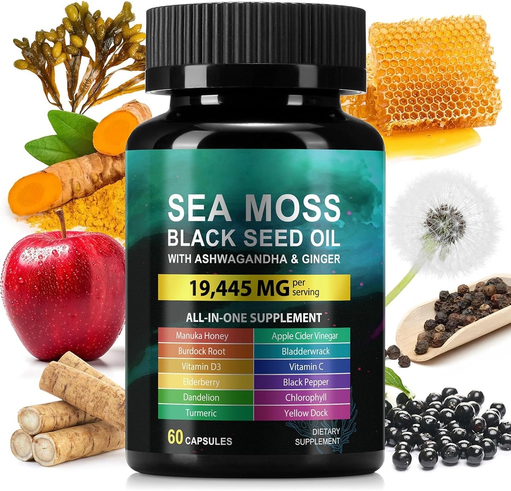 Sea Moss 3000mg Schwarz Seed Öl Kapseln 2000mg Ashwagandha Ergänzungen 1000mg Bladderwrack Turmeric Burdock & Vitamin C & D3 Manuk Honey Dandelion Gelb D Chlorophyll ACV