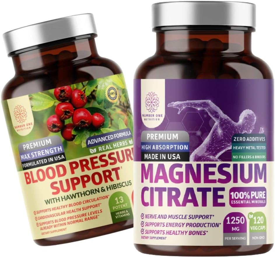 Number One Nutrition N1N Premium Magnesium Citrat [1250mg] und Blutdruckunterstützung [13 Potent Ingredients with Hawthorn & Hibiscus], 2 Pack Bundle