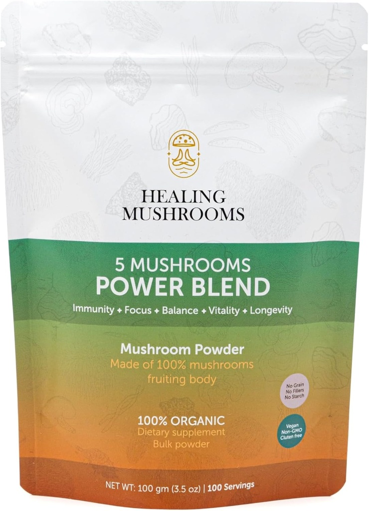 5 Pilze Power Bland, Bio-Pulver mit Lions Mane, Reishi, Cordyceps, Türkei Tail, Chaga. 100 Gramm