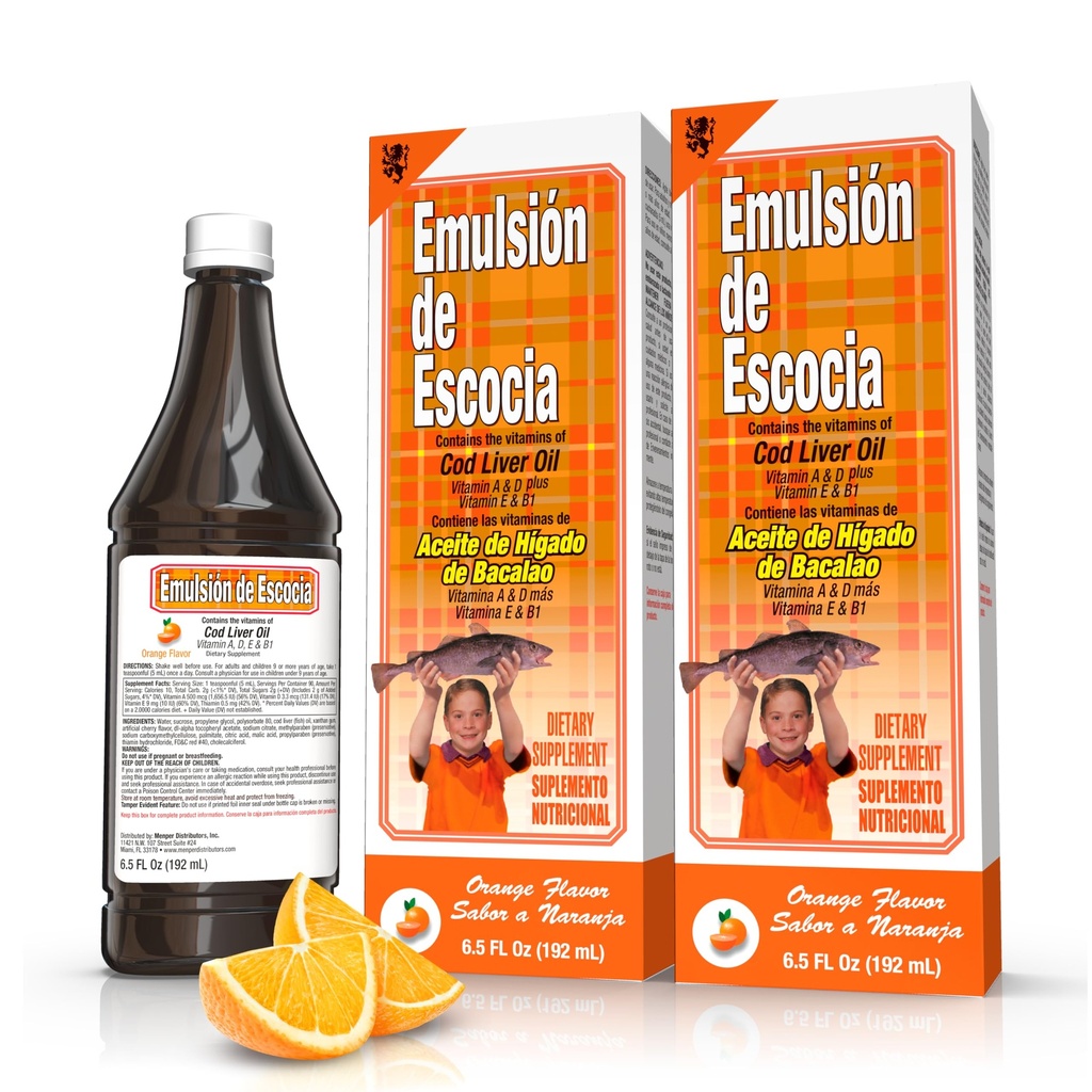 Emulsión de Escocia Cod Liver Oil Complex mit Vitaminen A, D, E, B1 - Natural Orange Flavor Nahrungsergänzung für Immununterstützung und Knochengesundheit - Essential Omega 3 Fish Oil - 6.5 oz (2-Pack)