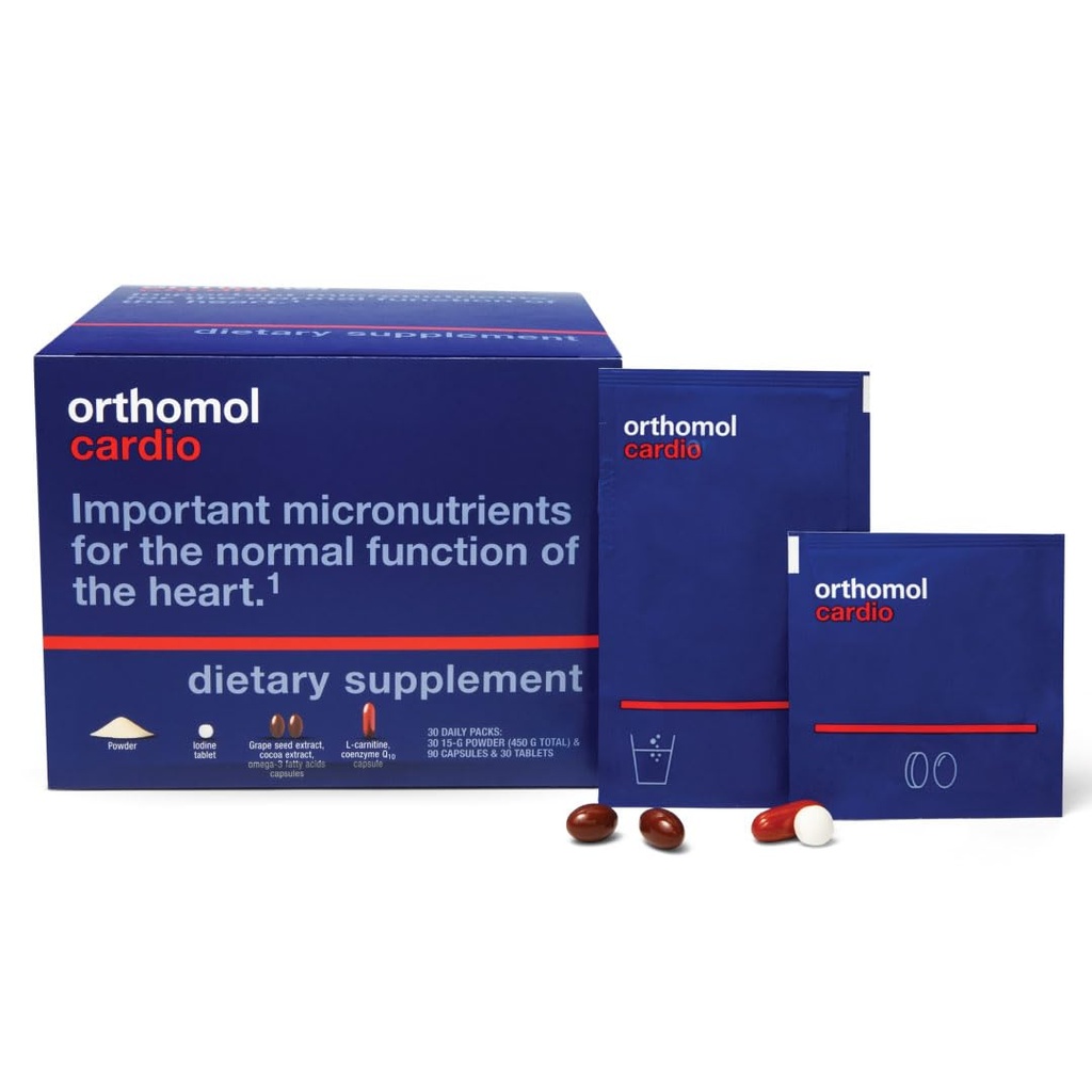 Orthomol Cardio, Herzgesundheitsergänzungsmittel für Zirkulation & Gefäßunterstützung, Omega-3, Magnesium, Kakao-Polyphenole & B Vitamine, Unterstützt Herz-Kreislauf-Gesundheit, 30-Tage-Versorgung, Pulver + Tabletts+ Kapseln