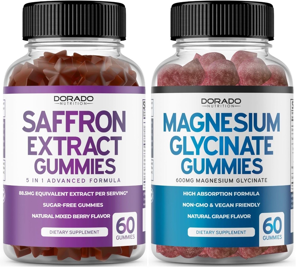 Safran-Ergänzungen (60 Gummi) 5 in 1 Advanced Formula Sugar Free Gummy - Delicious Raspberry Flavor and Magnesium Glycinate (60 Count) Pure Glycinate Gummy für Erwachsene - Non-GMO, Vegan & USA Made