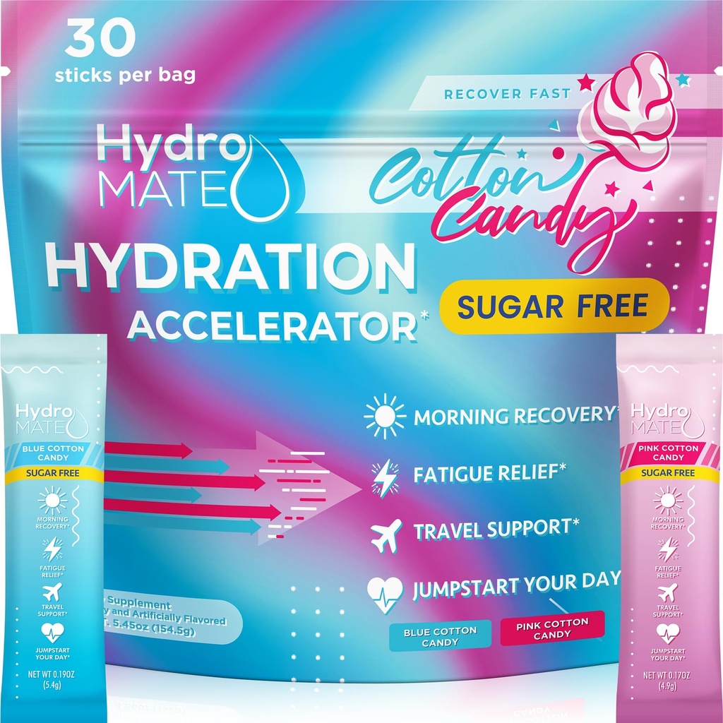 HydroMATE Elektrolyte Pulver Kein Zucker Baumwolle Süßigkeiten - 30 Count Instant Hydration Packets mit Vitamin C zu erhöhen Energie - Zucker freie Elektrolyte zur Unterstützung der Hydration auf Keto Diät & Party Erholung