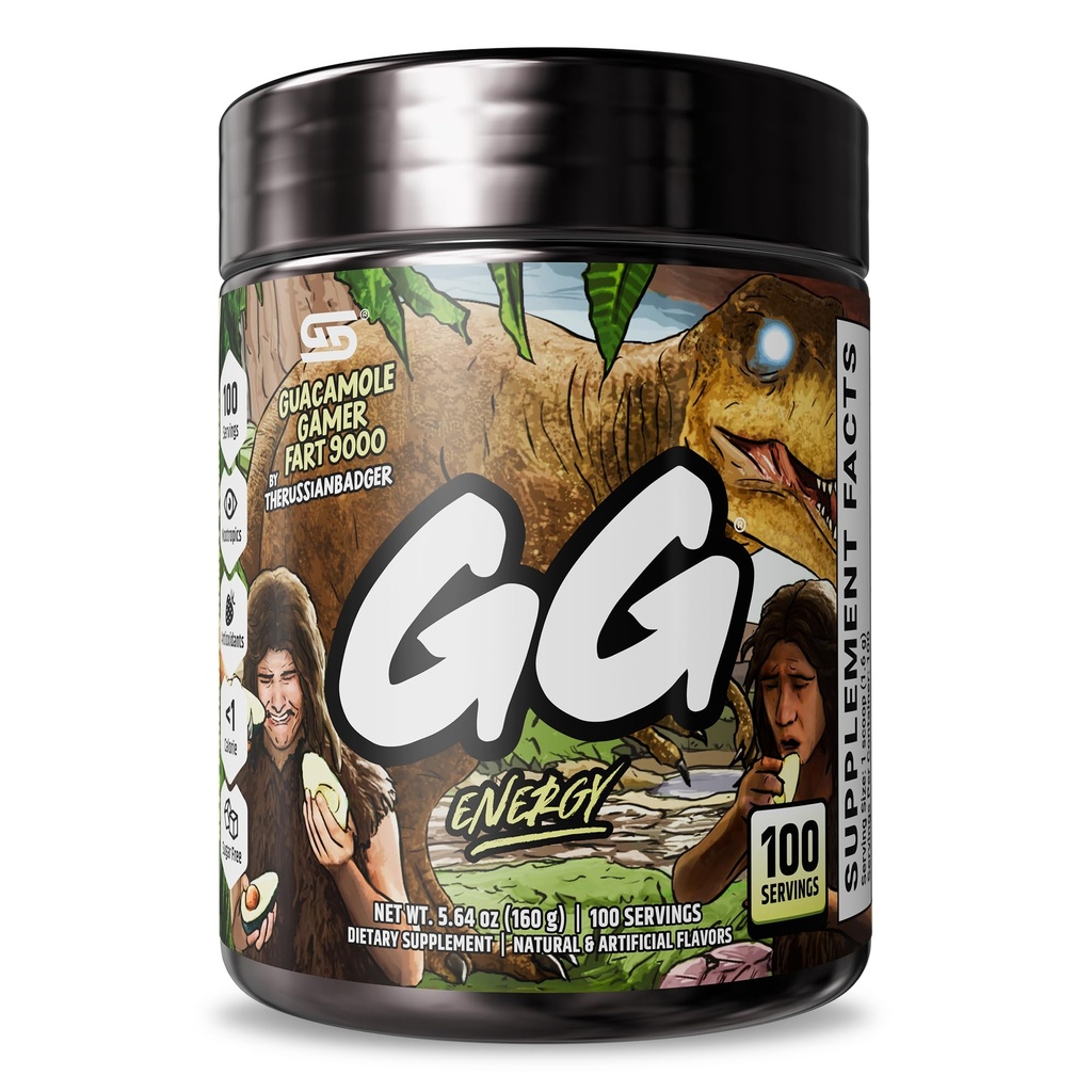 Gamer Supps GG Energy - Guacamole Gamer Fart 9000 by TheRussianBadger (100 Servings) - Keto Friendly Gaming Energy and Nootropic Blend, Sugar Free + Caffeine + Vitamins + Immune Support, Powder Drink