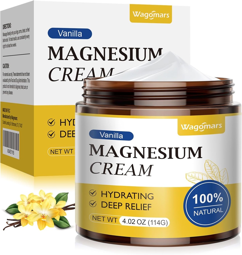 Magnesium Cream for Sleep - Natürliche topische Magnesiumlotion für Schmerz- und Beinkramps, Muskelrelaxation, ruhig - nächtliche Körperbutter für tiefe Hydration - Safe für Kinder (Vanilla)