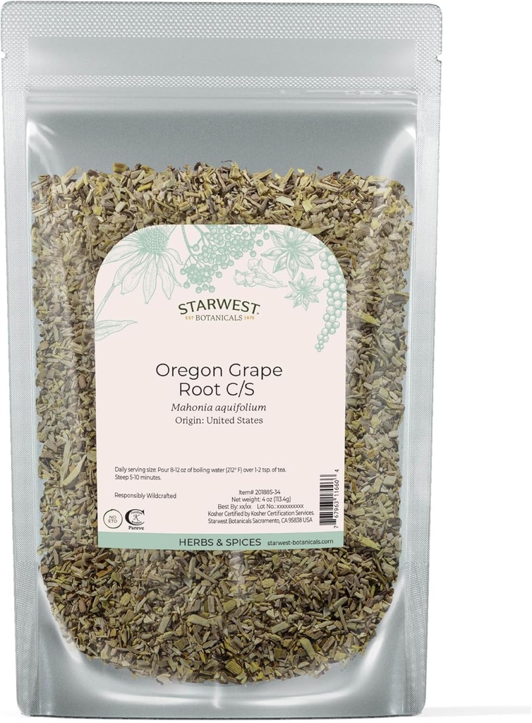 Starwest Botanicals Oregon Grape Root Wildcrafted - Getrocknete Loose Kräuter für Tee, Tinkturen, Kapseln, & Salves, Natürliche Wellness für Frauen & Männer, Cut & Sifted, Zertifizierte Kosher, Non-GMO - 4 oz Pouch