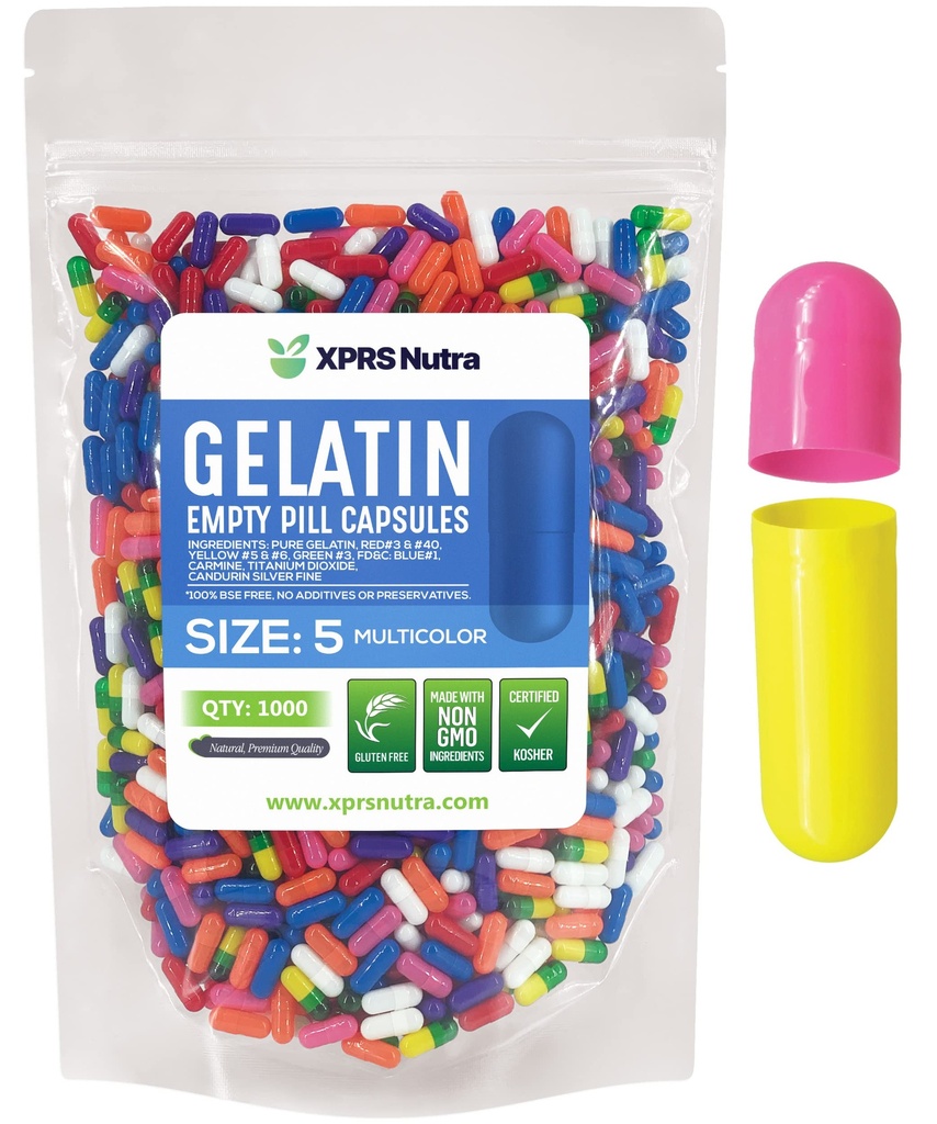 XPRS Nutra Größe 5 Leere Kapseln - 1000 Graf Sehr kleine leere Gelatine Kapseln - Pillen DIY Kapsel Füllung - Füllbare Pille Gel Kapseln für Do-It-Yourself Vitamin Supplements (Multi Color)