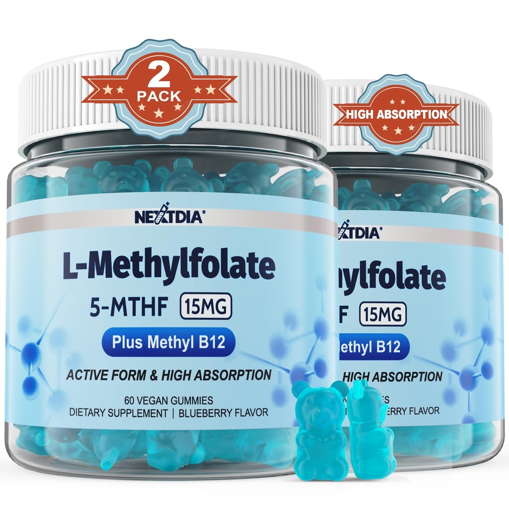 L-Methylfolat 15mg & Methyl B12 Gummies, Methylated B1, B2, B6 Multivitamine - Aktives 5-MTHF & hohe Absorption - Unterstützt MTHFR-Gen, Kognition, Homocysteinspiegel, Folatmetabolismus, Vegan, 120 Cts