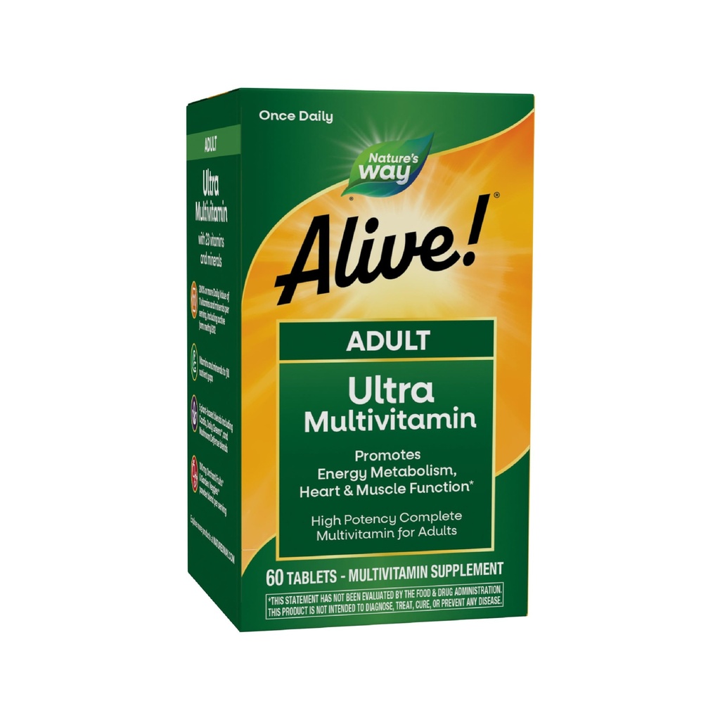 Nature's Way Alive! Adult Ultra Multivitamins, fördert Energiemetabolismus, Herz- und Muskelfunktion*, mit B-Vitaminen mit Methyliertem B12, Glutenfrei, 60 Tabletten