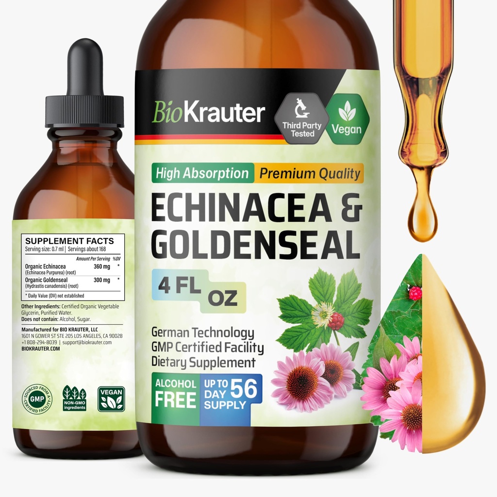BIO KRAUTER Echinacea und Goldenseal Wurzelflüssigkeitsextrakt - Natürliche Immununterstützung - Echinacea Tropfen mit Goldenseal - Vegan, Alkohol & Zucker freie Tinktur - 4 Fl.Oz.