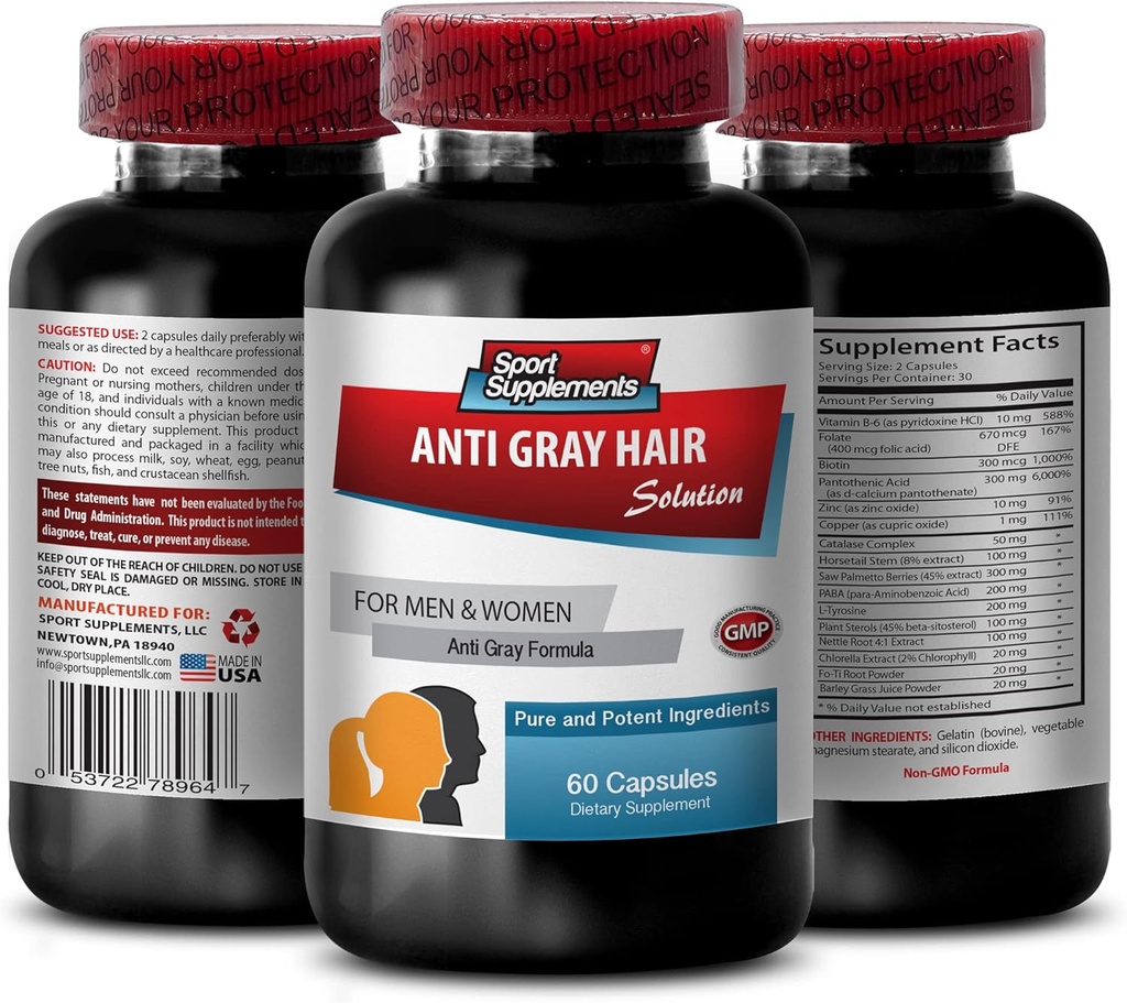 Katalase Complex Anti-Gray Haarpillen - ANTI-GRAY HAIR LÖSUNG - Leistungsstarkes Antioxidans für Haarwachstum, Erhalten Sie natürliche Haarfarbe, Verhindern Sie Graying, essentielle Nährstoffe, 1 Flasche, 60 Kapseln