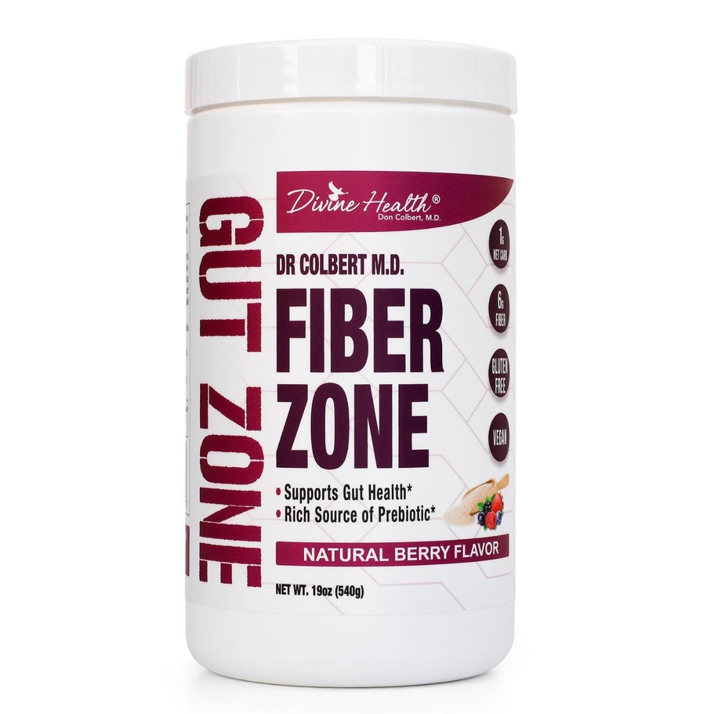 Göttliche Gesundheit Dr. Colbert, MD Fiber Zone Powder | Berry Flavor Prebiotics | 6g Psyllium Husk & Inulin Fiber | Empfohlen in Healthy Gut Zone Book | 19 oz | 60 Servierungen