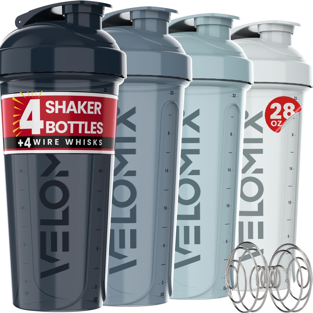 VELOMIX -4 PACK 28 Oz Protein Shaker Bottle für Proteinmischungen - 4x Wire Whisk | Leak Proof Shaker Cups für Protein Shakes | Protein Shaker Bottle Pack | Protein Shake Cup (Aqua Depths)