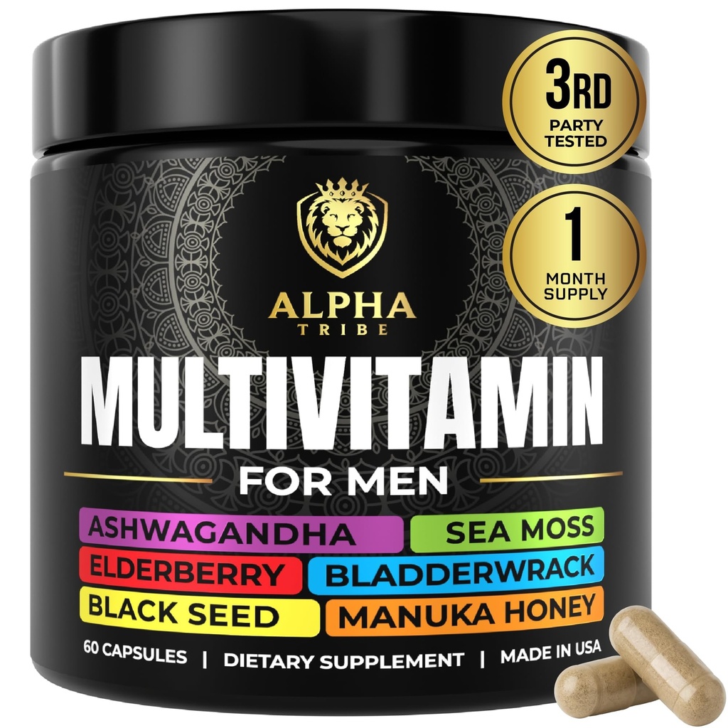 Alpha Tribe Multivitamin für Männer mit Seamoss Black Seed Oil Ashwagandha Burdock Root, Turmeric Bladderwrack, Vitamin C, Elderberry, Manuka, Yellow Dock | Daily Men's Vitamins and Minerals Supplement