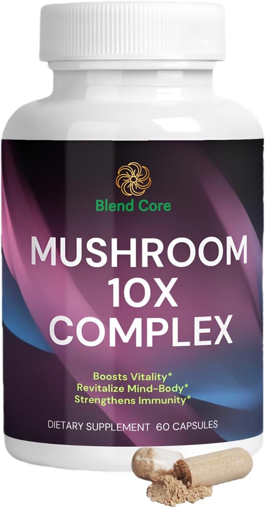 Mushroom 10X Complex - Lions Mane, Reishi und Cordyceps - Ergänzung für natürliche Energie & Stress-Relief - Immune Boost - Fokus & Gedächtnis - Natural & Non-GMO
