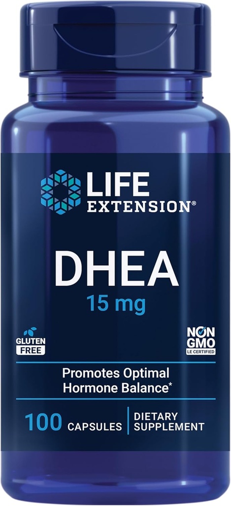 Lebensverlängerung DHEA 15 mg – Hormon-Balance-Ergänzung, Gedächtnis, Muskelmasse und Knochendichte-Unterstützung, Gesunde Sex-Laufwerk, Glutenfrei, Non-GMO, 100 Kapseln