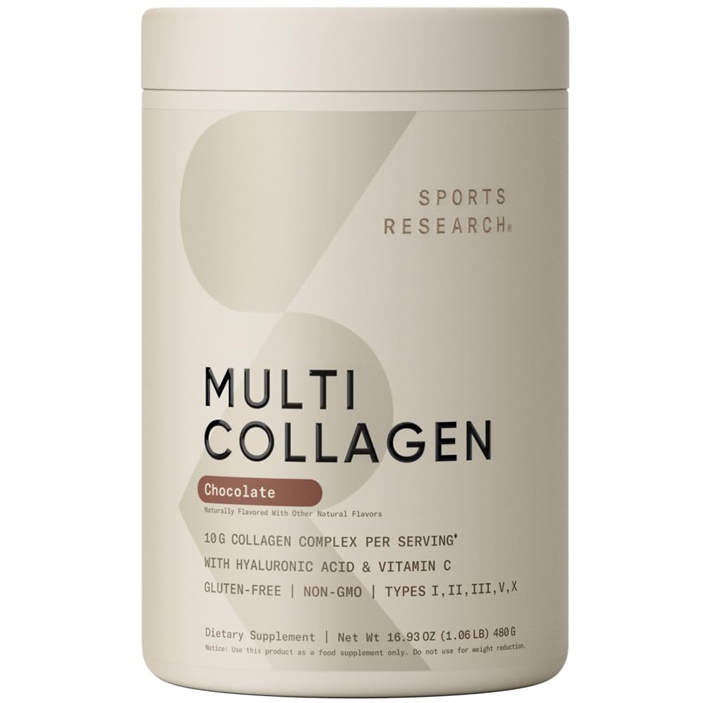 Sports Research Multi Collagen Protein Powder (Type I, II, III, V, X) with Hyaluronic Acid + Vitamin C | 5 Types of Food Based Collagen, 30 Servings (Chocolate)