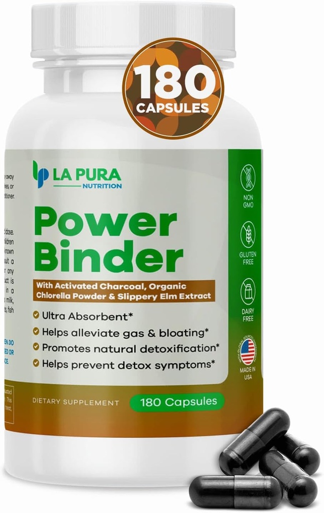 LaPura Power Binder Blend – Detox & Cleanse mit Aktivkohle, Organische Chlorella Powder & Slippery Elm Extract – Hilft Gas & Bloating – fördert natürliche Entgiftung - 180 Kapseln