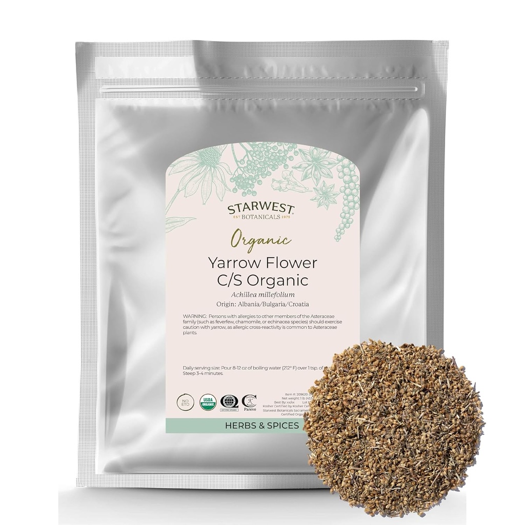 Starwest Botanicals Organic Yarrow Flowers - Dried Loose Leaf Herb for Tea, Tinctures, & Natural Wellness, Cut & Sifted, Certified Kosher, Non-GMO - Bulk 1 lb Bag