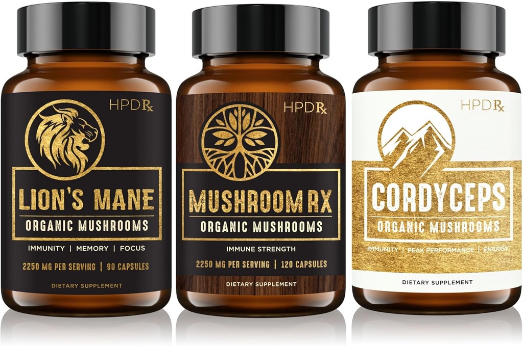 HPD Rx Organic Mushrooms Bundle | Pilz Rx, Lions Mane & Cordyceps | für Immunität, Geist & Körpergesundheit