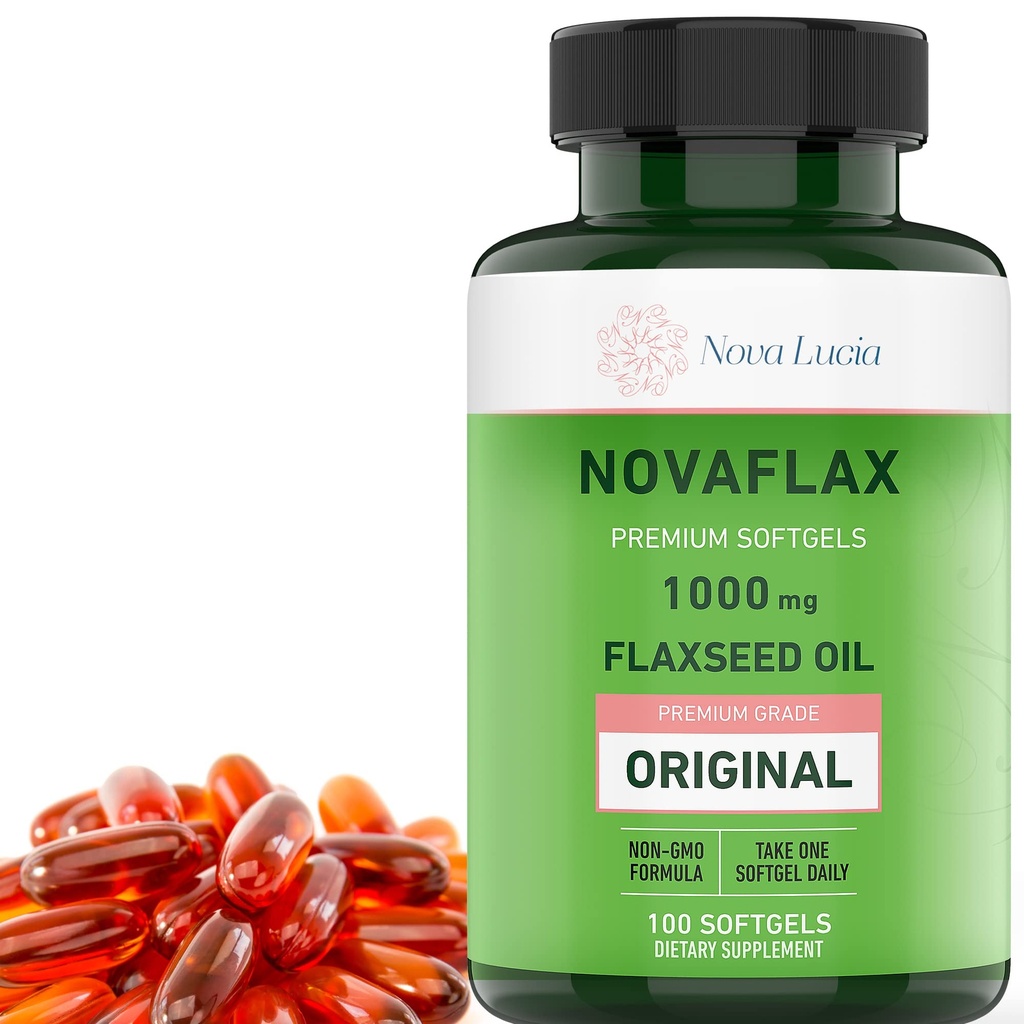 Nova Lucia Bio Flaxseed Oil Capsules 1000mg – Omega 3 6 9 Softgels für Haare, Haut und Nägel – Non-GMO, Glutenfrei, Hexanfrei, einfach zu schwalben – 100 Liquid Softgels