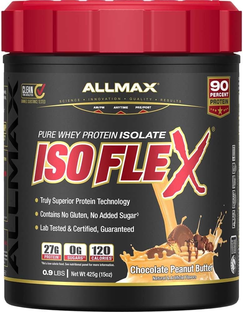 ALLMAX Nutrition ISOFLEX Whey Protein Isolate, Chocolate Peanut Butter - 0.9 lb - 27 Gramm Protein Per Scoop - Zero Fat & Sugar - 99% Lactose Free - Gluten Free & Soy Free - Ca. 15 Servietten