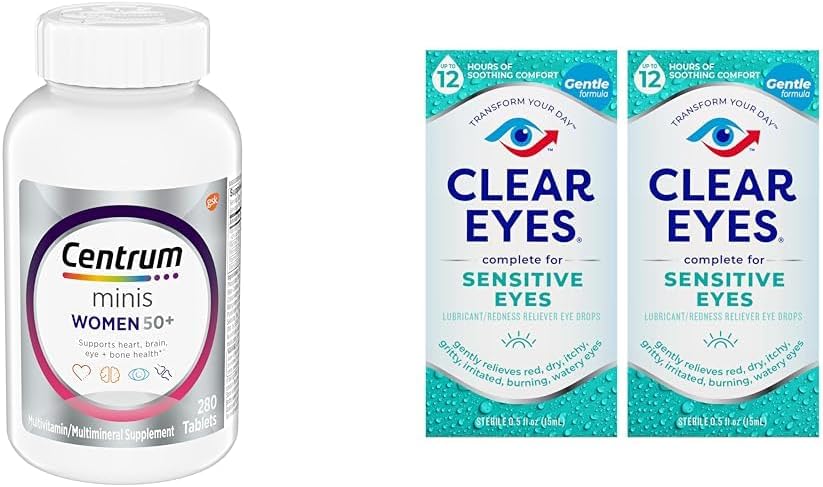 Centrum Minis Silver Women's Multivitamin for Women 50 Plus, Multimineral Supplement mit Vitamin D3, B Vitamine, Non-GMO Zutaten, unterstützt Gedächtnis und Kognition bei älteren Erwachsenen - 280 Ct & Clear Eyes, Sensitive Eyes, Eye Drops, 0.5 Oz, 2 Pack