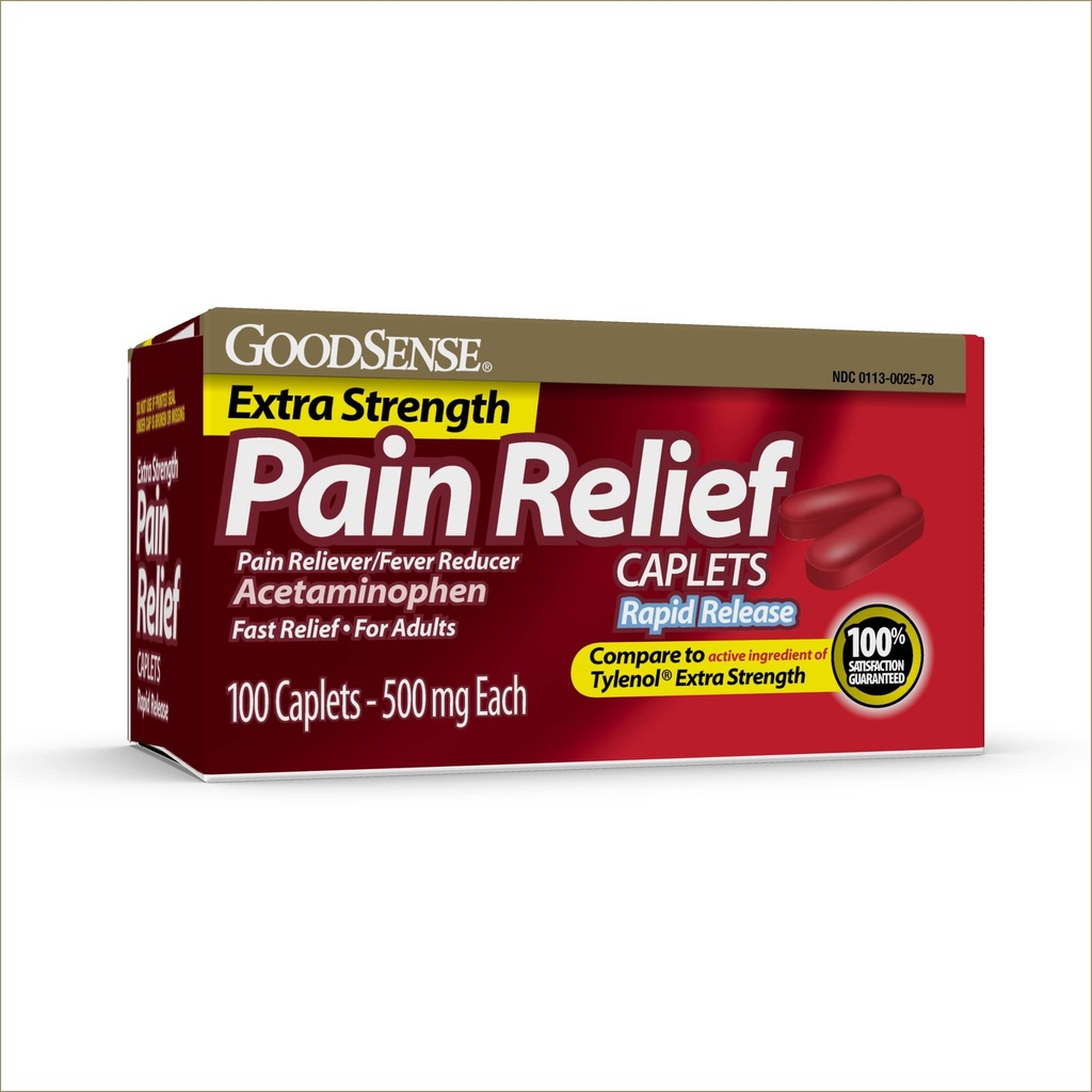 GoodSense Rapid Release Pain Relief, Acetaminophen Caplets 500 mg, Extra Strength Pain Reliever und Fever Reducer, 100 Count