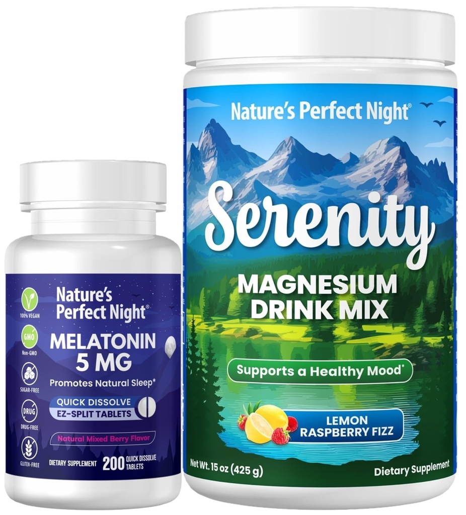 Nature's Perfect Night Melatonin 5mg Schnell auflösen Mixed Berry 200 Zählen mit Serenity Magnesiumpulver 15 oz Zitronen-Raspberry