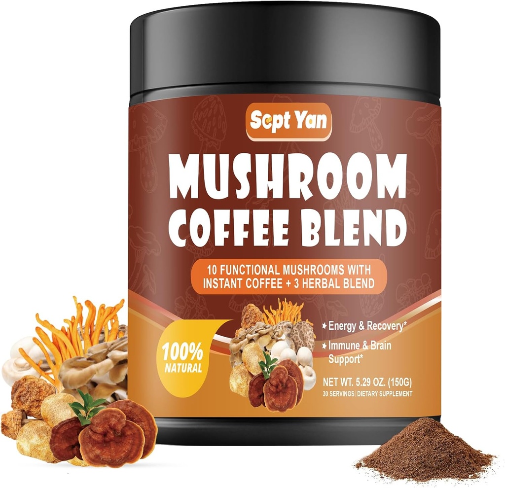Pilz-Kaffee mit 10 Pilzen, kolumbianisches Instant-Kaffee-Pulver mit Lion's Mane, Reishi, Chaga, Cordyceps, Shiitake, Maitake,Turkey Tail - Pilz-Ergänzung für Energie, Fokus, Immununterstützung