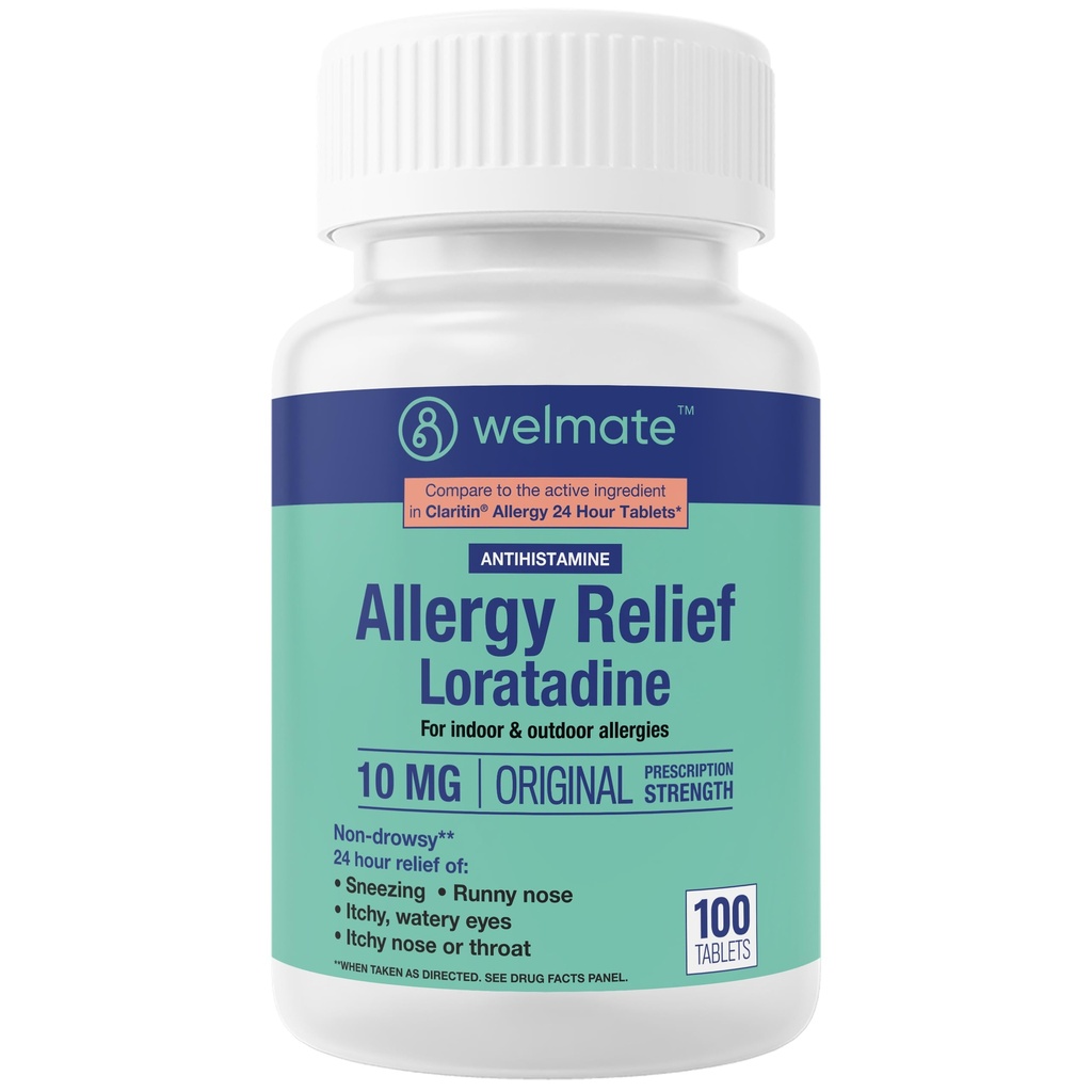 WELMATE - Allergie Relief - Loratadin 10 mg - 24 Stunden Relief Antihistamin - Nicht schläfrig - Runny Nase - Niesen - Juckende Nase & Hals - Wässrige Augen - Indoor & Outdoor Allergie Medikamente - 100 Count