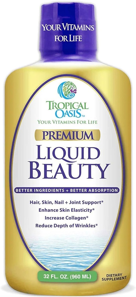 Tropische Oasis - Flüssige Schönheit | Beilage für Haar, Haut und Nagelwachstum - Biotin + hydrolysiertes Kollagen (32 Servierungen)