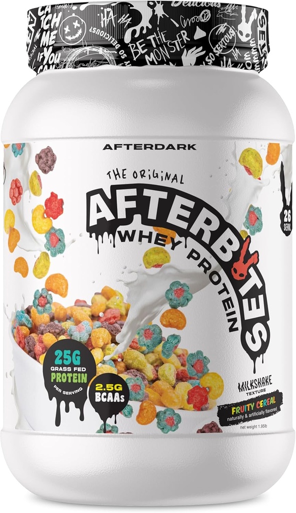 AFTERDARK AfterBites Whey Protein Powder, 25g Protein, 4.5g BCAA’s, Easy Dissolving, Keine künstlichen Farben oder Füllstoffe, Isolate Protein, USA Made, 26 Servings, Fruity Cereal