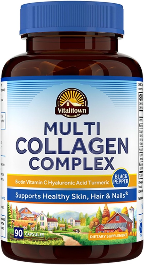 Vitalitown Multi Collagen Complex, Typ I, II, III mit Biotin, Vitamin C, Hyaluronsäure, Kurkuma, Schwarzer Pfeffer für Haut, Haar, Nägel, 90 Kapseln, Non-GMO