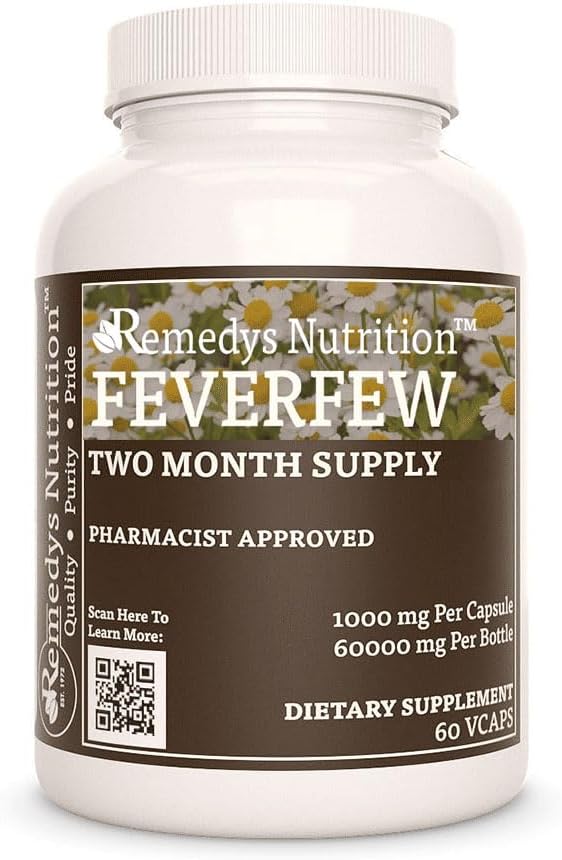 Remedy's Nutrition Feverfew | 1.000 mg, 60 Vegan Kapseln pflanzliche Nahrungsergänzung | Zwei Monate Versorgung